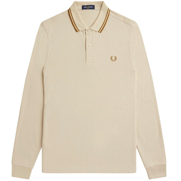 FRED PERRY M3636 691 OATMEAL LS TWIN TIPPED POLO SHIRT S